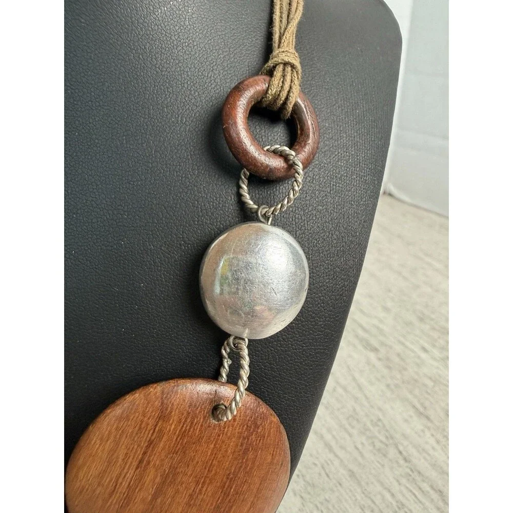 Chunky Round Wood Disc & Textured Silver Statement Necklace Rope Cord Boho